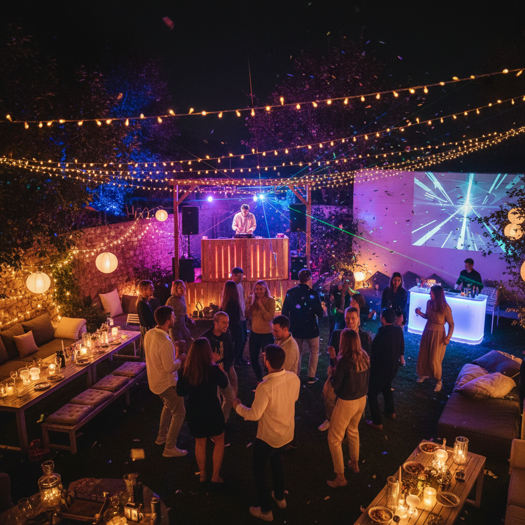 Des gens dansent et socialisent lors d'une fête en plein air le soir, illuminée par des guirlandes lumineuses, des projecteurs et un DJ.