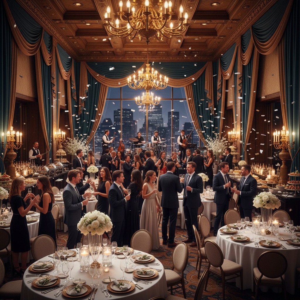Une foule élégante assiste à une réception mondaine et festive dans une somptueuse salle de bal avec vue sur les gratte-ciels illuminés d'une grande ville.